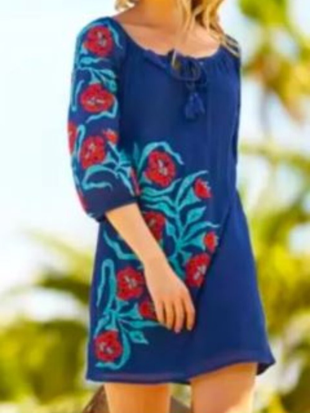 Trina Turk Blue Red Embroidered Bohemian Style 100% Cotton Dress Size 4